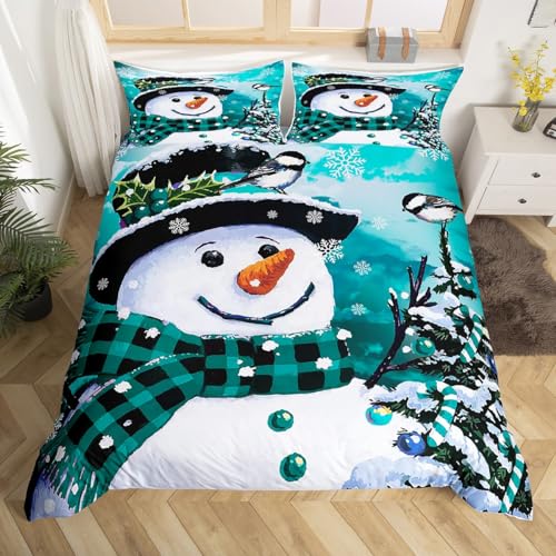 Loussiesd Juego de ropa de cama para niños y niñas, diseño de muñeco de nieve con diseño de muñeco de nieve y copos de nieve, lindo juego de funda de edredón Kawaii, acuarela, verde azulado, colección