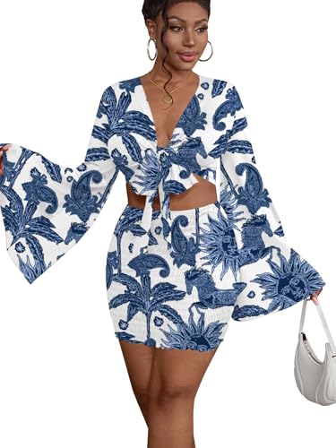 Image of LYANER Women 2 Piece Vacation Outfits Tie Knot Front Bell Long Sleeve Crop Top and Mini Skirt Summer Set