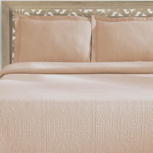 Superior Cotton Fleur De Lis Bedspread Set, Warm Blankets, All-Season Bedding, Bedroom Decor, Decorative Boho Medallion Coverlet, Includes 1 Bedspread, 2 Pillow Shams, Queen, Peach