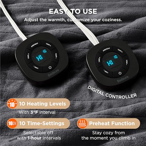 Image of Bedsure Electric Blanket Queen Size - Dual Control Heated Blanket Queen, Fast Heating with 10 Time Settings & 10 Heat Settings, Warm Gift for Grandma (84x90 inches, Dark Grey)