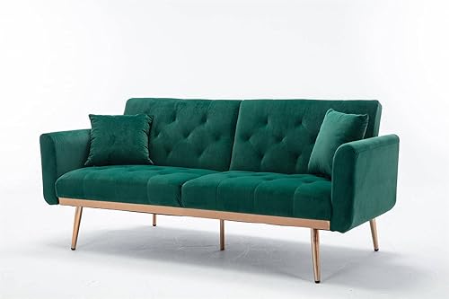Miniatura 4 de SZLIZCCC Sofá reclinable de terciopelo de 65 pulgadas, sofá cama convertible con pies de metal dorado, sofá biplaza moderno de mediados de siglo