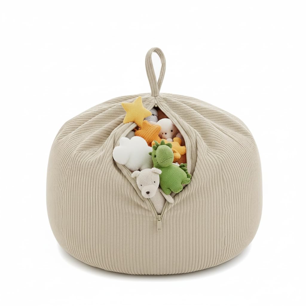 Gutekissen® Kinder Sitzsack-Bezug für Stofftiere 85×85×50 cm - Spielzeug Aufbewahrung für Kinderzimmer - Kuscheltier-Organizer für Plüschtiere & Decken - Oeko-Tex Stoff, Reißverschluss (Beige)