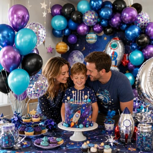 Image of Black Purple Blue Balloons 60 Pcs 12 Inch Metallic Blue Purple Teal Confetti Balloons for Space Birthday Party Galaxy Party Decorations and Teal and Blue Birthday Decorations
