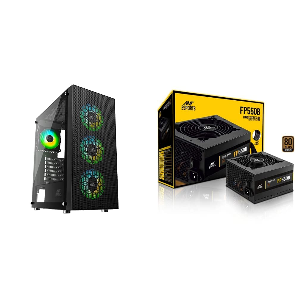 Ant Esports Tempered_Glass Ice-110 Mid-Tower Computer Case/Gaming Cabinet-Black&Fb550B 80 Plus Bronze Certified Non Modular Gaming Power Supply/PSU for Pc with Flat Black Cables and Silent Fan