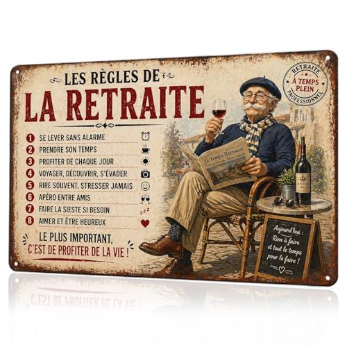 Plaque Métal Vintage Les Règles De La Retraite, Cadeau Retraite Homme Humour Pour Décoration Murale, Idée Retraite Homme Originale 20x30cm, Déco...