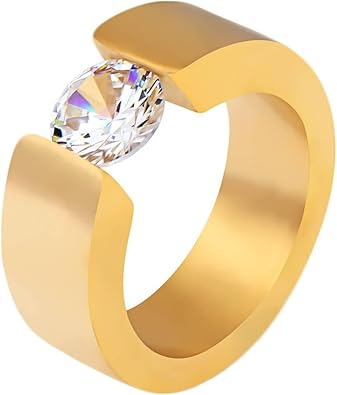 Gold Cubic Zirconia Ring, Stainless Steel Promise Rings Smooth with Cz Wedding Bands Women Fashion Jewelry