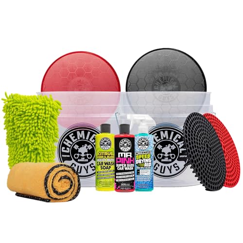 Chemical Guys Two Car Wash Bucket Kit with Dual Dirt Trap Filters Chenille Wash Mitt Mr. Pink Citrus Wash After Wash and Drying Towel - 11 Items - Two Bucket Method Complete Setup