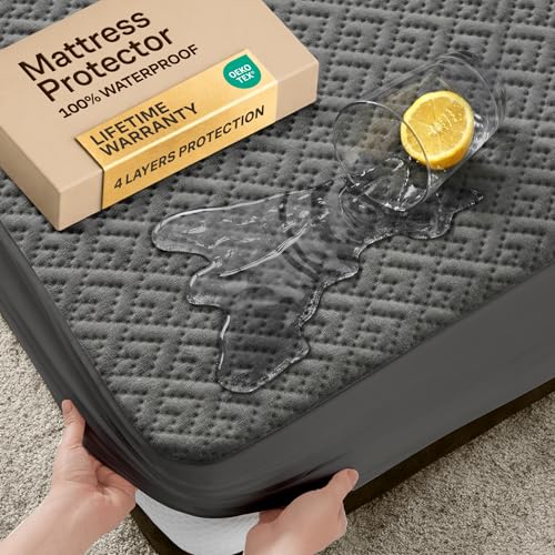 Image of 100% Waterproof Queen Mattress Protector - 360 Pad Protection Against Spills, Stains & Accidents for Parents & Pet Owners - Noiseless & Cooling Viscose Made from Bamboo (Grey)