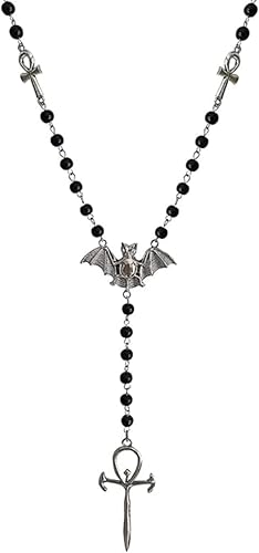 Ankh Cross Bat Necklace Religious Grunge Gothic Vampire Black Long Rosary Beaded Ancient Egyptian Necklace for Women
