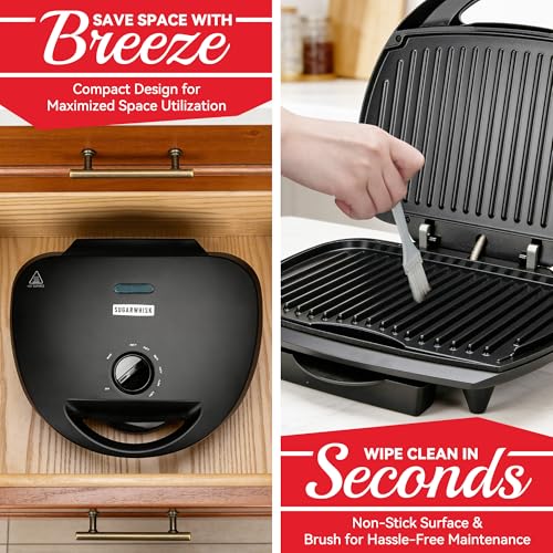 Image of SugarWhisk Family-sized Contact Grill, 6-Serving Electric Indoor Grill with Adjustable Temp Control, Ceramic Coating, 1500W, Graphite