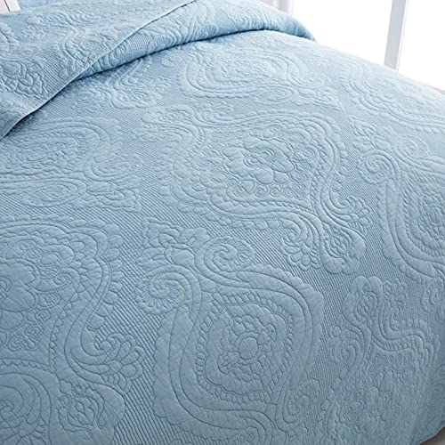 Brandream Quilt Set Queen Size Cotton Bedspread Coverlet Set Luxury Quilted Comforter Sets Light Blue Damask #TOP1