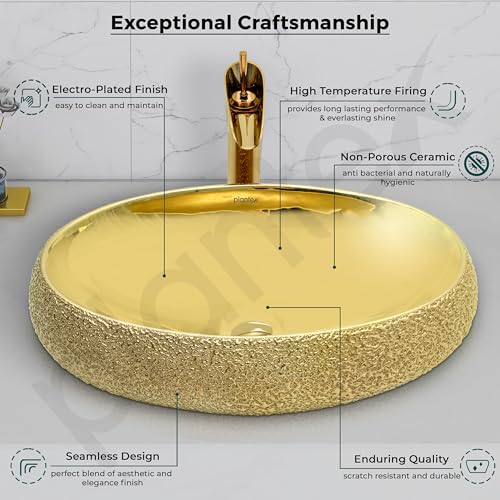Image of Plantex Table Top Wash Basin For Bathroom /Designer Ceramic Basin /Countertop Vessel Sink Basin - Indo-European Collection (Gold - 23.6 x 16 x 6 Inch)