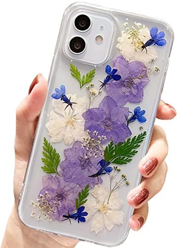 AMART for iPhone 12 Mini Case Flowers, Clear Cute Glitter Pressed Dried Flower Design Case Transparent Soft Slim TPU Floral Women Girls Protective Phone Cover for iPhone 12 Mini(Elegant White)