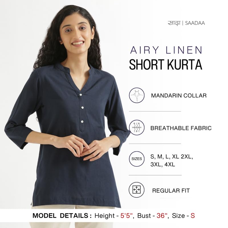 Image of SAADAA Women Short Kurti Airy Linen Regular Fit Kurta with 3 /4th Sleeves, Mandarin Collar, Side Slit Perfect for Casual, Formal, and Ethnic Wear
