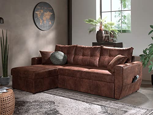 Best Mobilier - Canapé d'angle Réversible Astoria - Canapé 4 Places Convertible - Coffre de Rangement - Fabriqué en Europe - Style Industriel, Marron