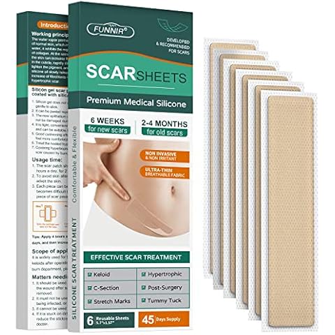 FUNNIR Silicone Scar Sheets,Tape, Strips - Healing Keloid, C-Section and Tummy Tuck - As Surgical Cream, Gel, Patch, Bandage, Pad - Surgery Scars Treatment - 6 Pack Cover