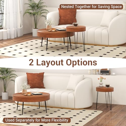 GOFLAME Round Nesting Coffee Tables Set of 2, Boho Nesting Tables with Solid Pine Wood Top & Metal Legs, Circle Coffee Table & End Table, Center Tables for Living Room, Ring Pattern, Brown - Image 6