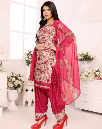 Image of Yashika Women's Printed Dress Material - Unstitched Crepe Fabric Kurti, Pants & Dupatta Set