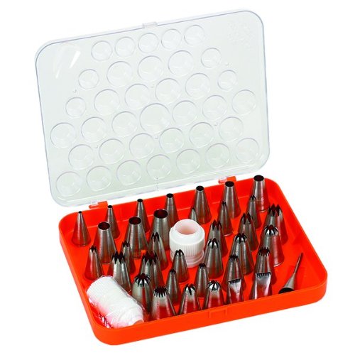 Silikomart | Set mit insgesamt 38 Edelstahl-Mundstücken für Dekorationen, 36 Tüllen h 50 mm 2 Kunststoff-Adapter, einer mittel und der andere groß