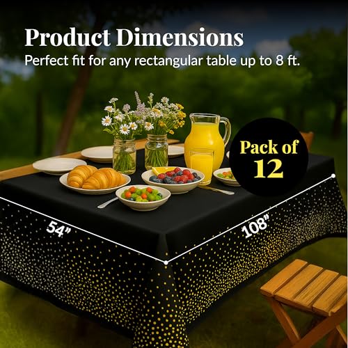 Image of Prestee 12-Pack Black and Gold Dots Disposable Tablecloths - 108x54 Inch Waterproof Plastic Table Covers - Elegant, Heavy-Duty Party Tablecloths for Weddings, Birthdays, Holidays, and Events