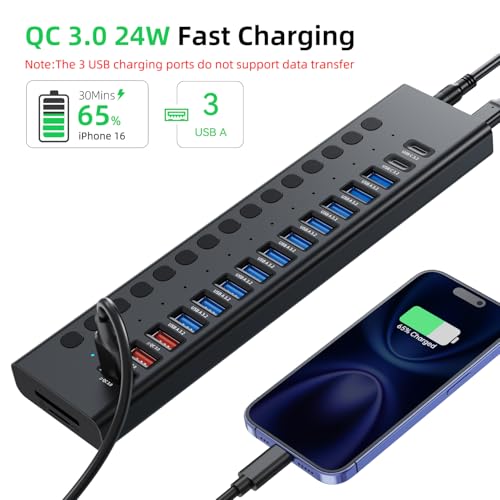 Image of VANGREE Powered USB Hub 10Gbps, 17 Ports USB 3.2 Hub, 96W Power Adapter