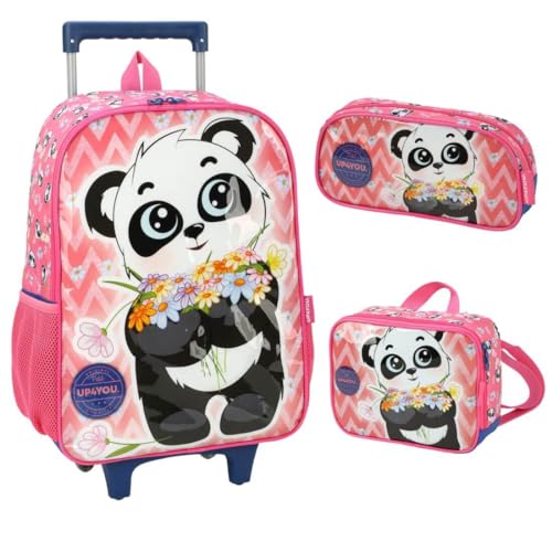 Mochila Infantil Rodinhas Up4you Panda com Lancheira e Estojo Rosa