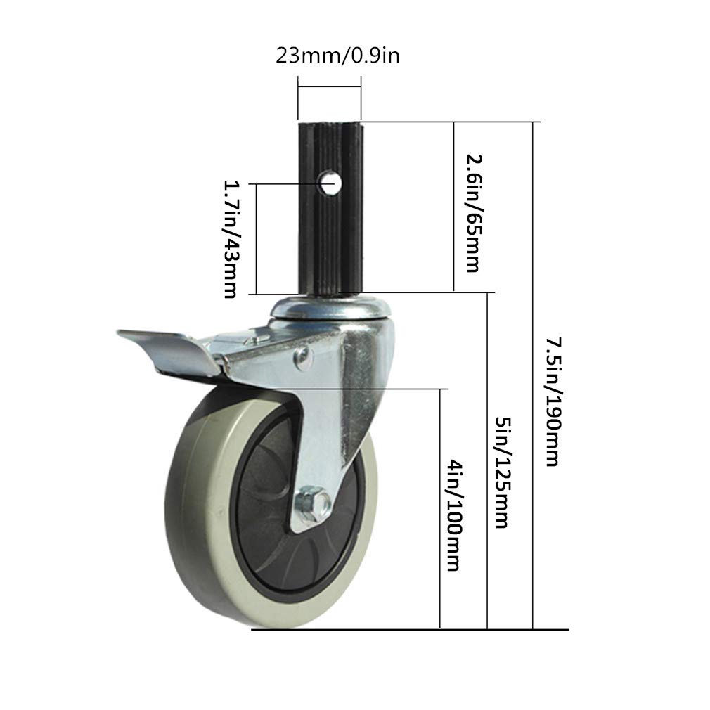 Roulettes pivotantes, roues de chariot, roulettes en caoutchouc de 4 pouces for voitures de salle à manger, roue de meuble à tige pivotante, avec support de tube carré, longue poignée 23 × 65 mm, lot