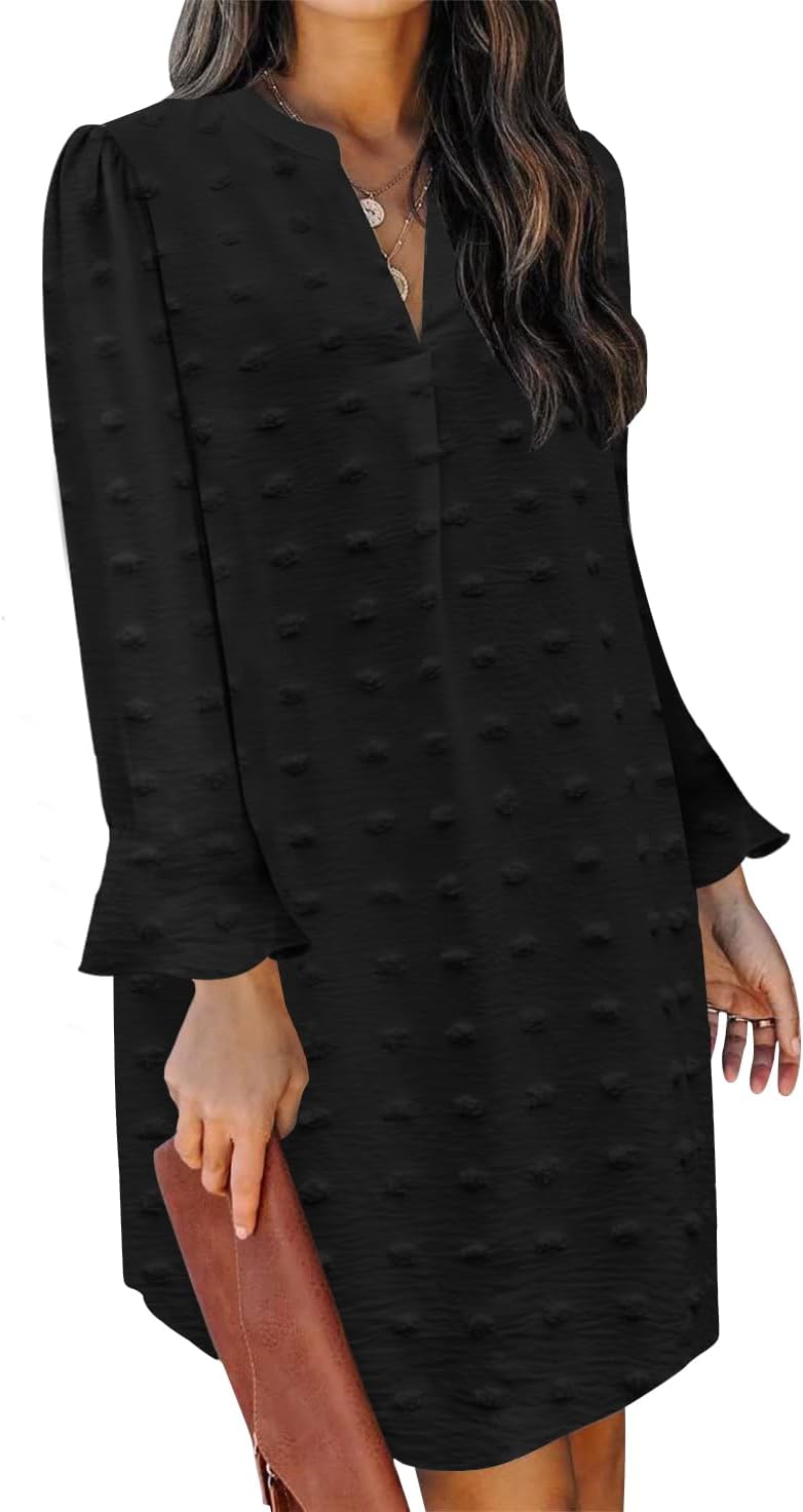 QACOHU Fall Dresses for Women 2026 Casual V Neck Long Sleeves Flowy Mini Tunic Dress
