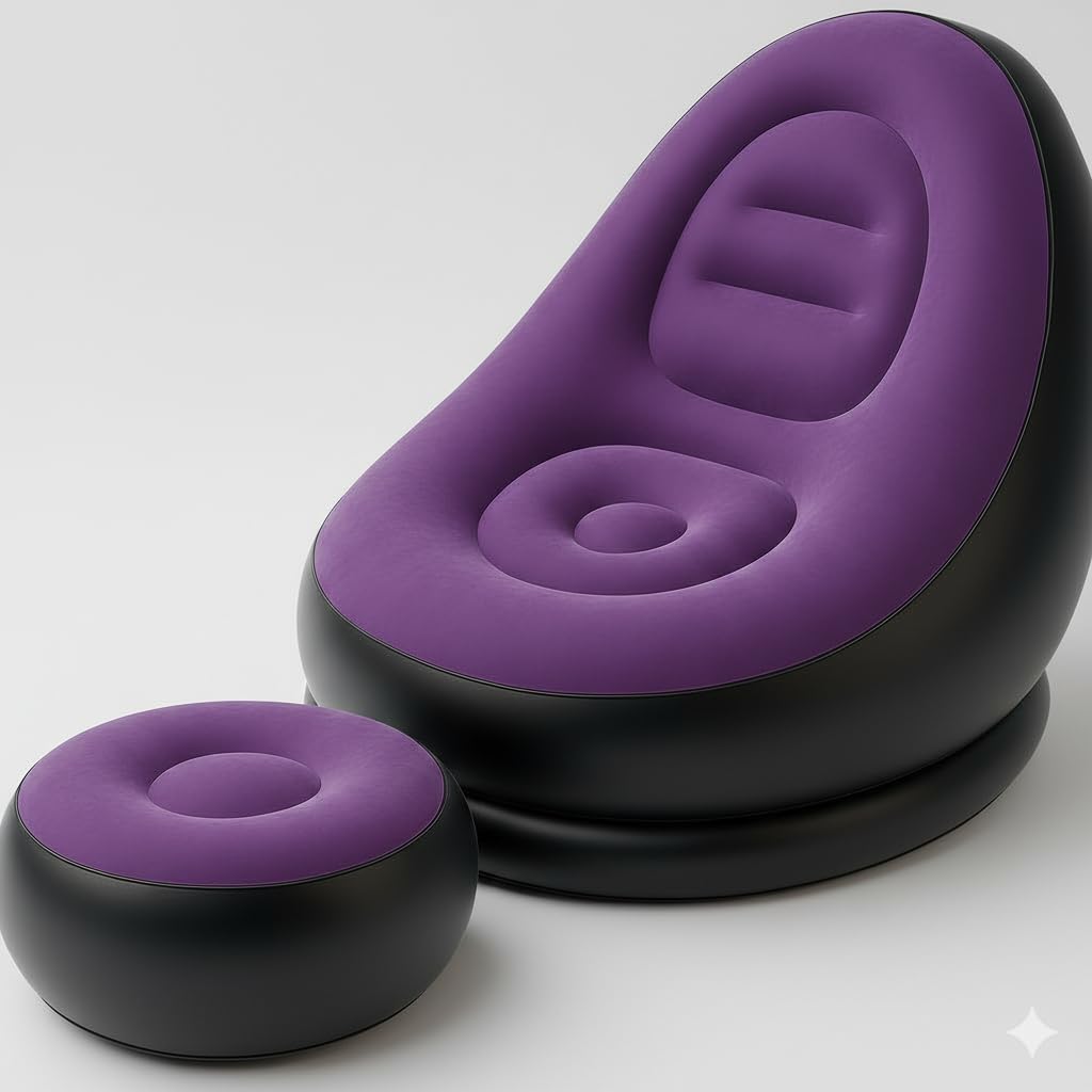 Inflatable Lounge Chair with Ottoman for Adults | Ultra Soft Flocked Blow Up Sofa & Footrest | Portable Air Chair for Indoor & Outdoor, Living Room, Reading & Gaming | Heavy Duty PVC | Purple & Black-image-19