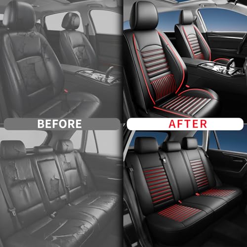 Image of Fit Canyon Car Seat Covers (5 Seats Full Set) Compatible with GMC Canyon 2015-2025 2026-Full Coverage Breathable Leather, Airbag Compatible, Waterproof & All-Weather, Black+Red