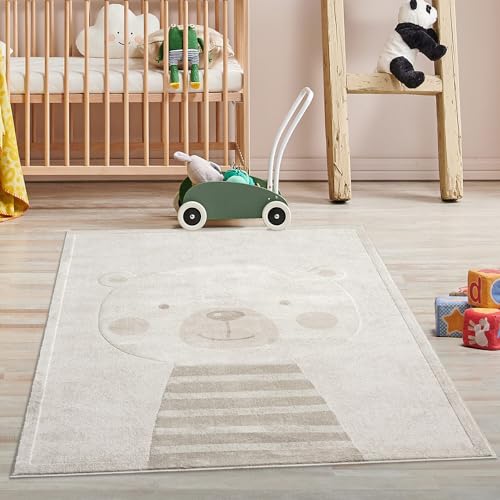 Kinderteppich Creme, Beige - 120x160 cm - Tier-Motiv Teddy-Bär - Kurzflor Teppiche Kinderzimmer,...