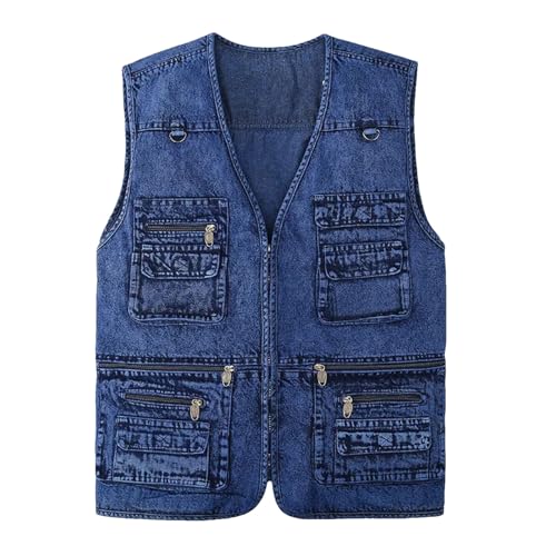 Men's Multiple Pockets Denim Vest V-Neck Zipper Sleeveless Jackets