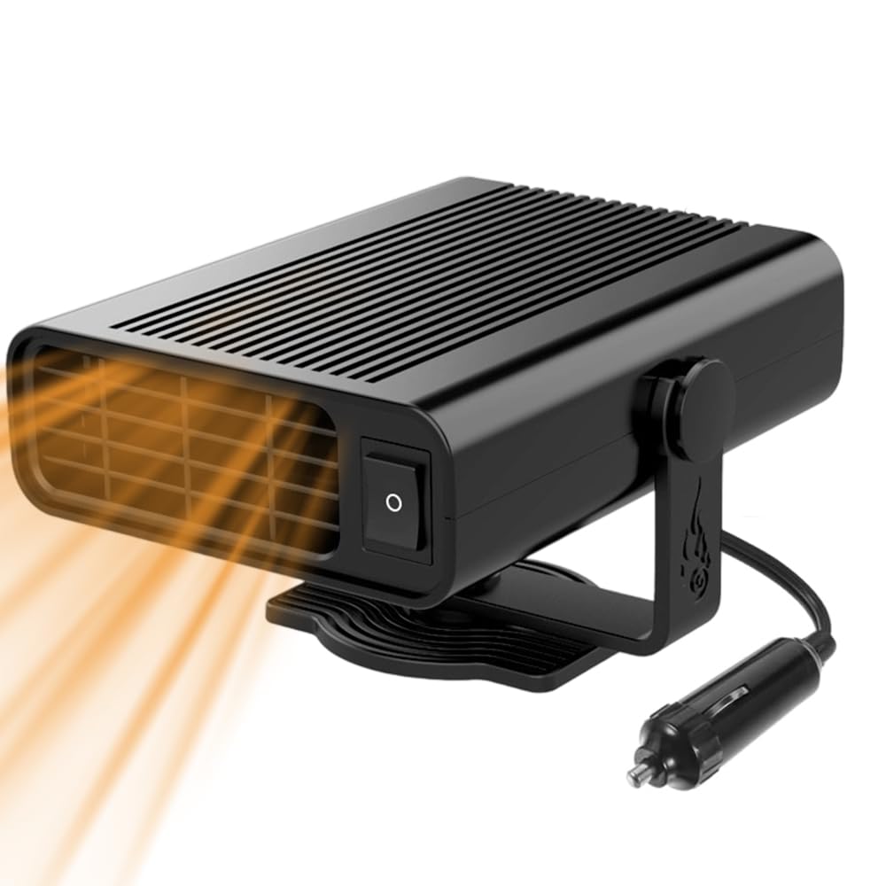 Chauffage Soufflant de Voiture, 12 V 120 W Chauffage de Voiture, 2 en 1 Chauffage Voiture Pivotant à 360°Désembueur et Dégivreur avec Base Rotative, Allume Cigare pour Pare-Brise de Voiture
