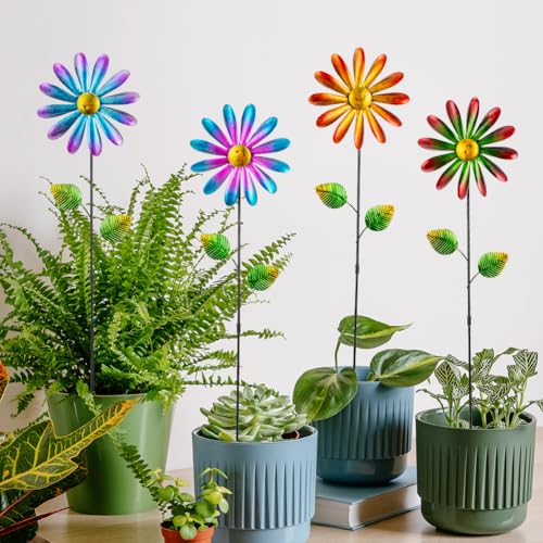 DREAMYSOUL 4 Packs Metal Flowers Wind Spinners Outdoor, Pinwheel Decorative Garden Stakes, Metal Small Wind Spinner for Yard and Garden Decor - image 3