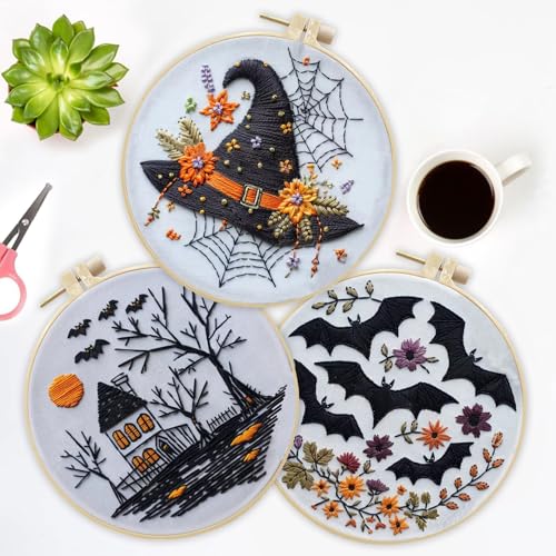Image of LB Halloween Embroidery Kit for Beginners Adults, 3 Sets Hand Embroidery Starter Kit with Gothic Bat Pattern and Instructions Stamped Cross Stitch Kits Include Embroidery Hoop Needles Threads Scissors