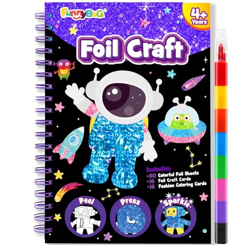 Image of FUNNYB&G Foil Art Craft Kit for Boys 4-10 Years Old: Mess-Free & No-Glue, Create 16 Sparkly Space Pictures - Perfect Travel Toy & Birthday Gift for Kids (Space)