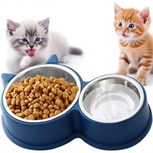 Set Doppia Ciotola per Gatti in Acciaio Inox, Base Antiscivolo, Lavabile in Lavastoviglie – Per Cibo Secco e Umido, Design Carino a Forma di Gatto, Colori Vivaci Assortiti (Blu)