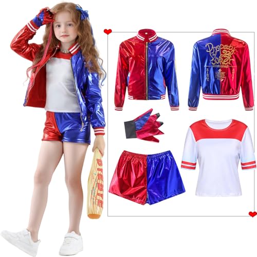 Disfraz de Quinn para Niñas Cosplay Suicide Escuadrón Set - chaqueta, camiseta, pantalones cortos, guantes, para Halloween, Carnaval, Fiesta Cosplay (Serie 1(Niño), 150)