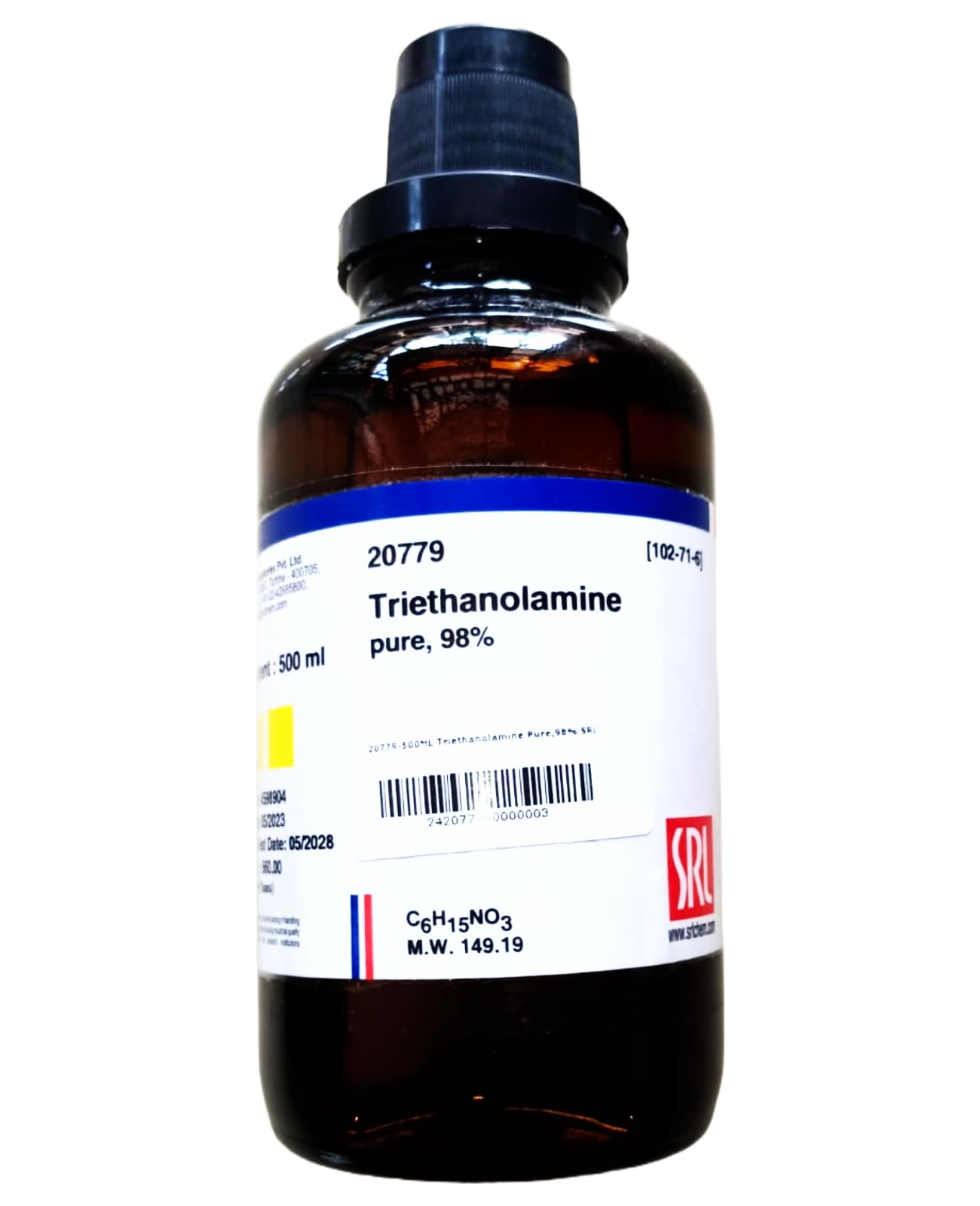 See full amazon price history chart for SRL Triethanolamine pure, 98%, 500ml, CAS : 102-71-6, Molecular Formula : C6H15NO3, Molecular Weight : 149.19, Storage: Room Temperature, Shelf Life: 60 Months for laboraotry and industrial use SRL Triethanolamine pure, 98%, 500ml, CAS : 102-71-6, Molecular Formula : C6H15NO3, Molecular Weight : 149.19, Storage: Room Temperature, Shelf Life: 60 Months for laboraotry and industrial use (B0CV9KZRXM) Amazon Price History, Amazon Price Tracker