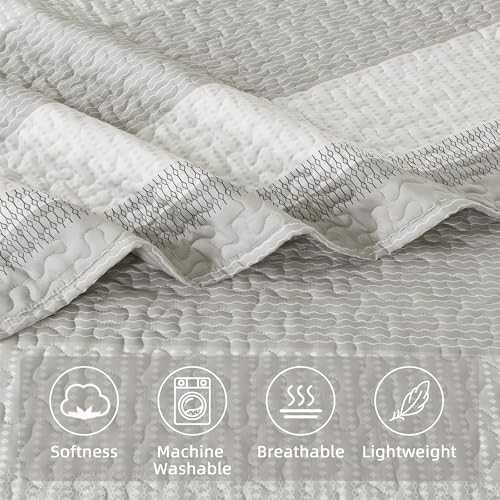 Image of Andency King Size Quilt Set Linen Grey, 3 Pieces Summer Ultra Soft Lightweight Bedspreads & Coverlets Set, Patchwork Striped Quilted Bedding Sets for All Seasons (1 Quilt, 2 Pillow Shams)