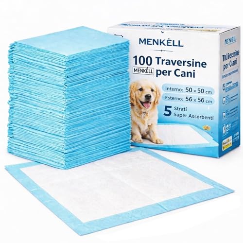 100 Traversine Cani Igieniche 56x56 cm – 5 Strati Super Assorbenti con Gel, Asciugatura Rapida, Senza Perdite, E Inodore per Cuccioli e Cani Anziani, Casa e Auto