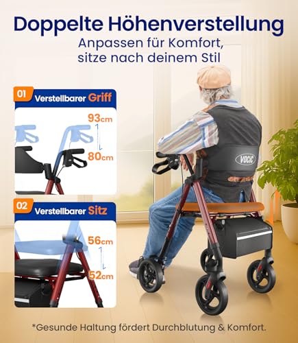 VOCIC Rollator Faltbar und Leicht mit Sit,Rollatoren Schmal für Wohnung,Rollatoren für Senioren Klappbar mit 20cm Reifen für All Gelände,Sitz und Griff Höhenverstellbar,5 Jahre Support|Dunkelrot