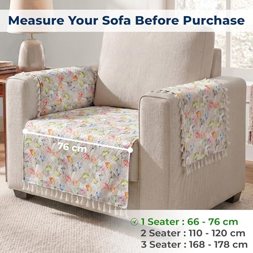 Image of Story@Home Quilted Anti Slip Sofa Cover Mat with 2 Armrest Cover, 1 Seater Velvet Sofa Protector with Tassels | Sofa Cover Mat for 1 /2 /3 Seater & L-Shape Sofa - 76 x 61 Cm - White & Multi Color
