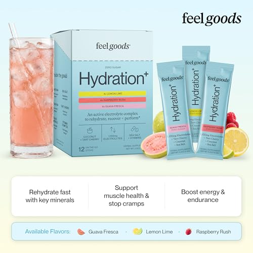 Image of Feel Goods Hydration+, Sugar Free Electrolyte Powder Packets - 12 Count | Hydration Plus with 1,100mg Electrolytes with Magnesium, Potassium & Vitamins - Keto & Vegan, Energy Boost - 12 Variety Pack