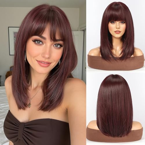 WOKESTAR Staright Wig with Fringe Synthetic Mid-length Layered Wigs for Women Wine Red Color, 22 tum