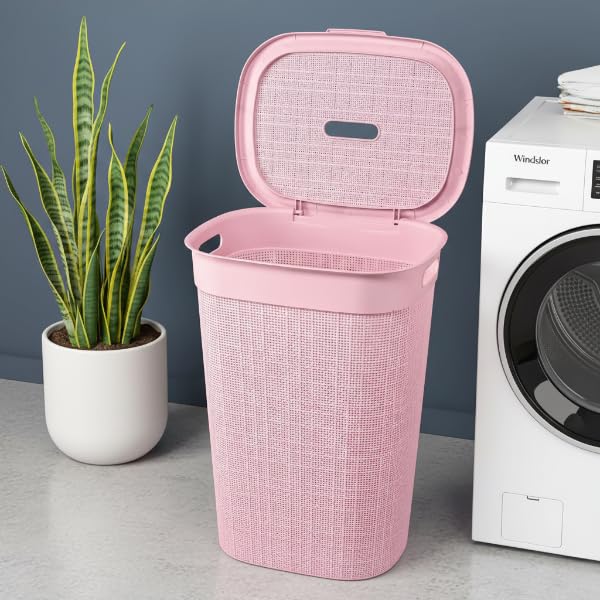 Image of KITCHIVO Plastic Large 55 Ltr Laundry Basket with Lid & Handle | Multipurpose Hamper Bins Storing Washable Clothes, Blankets | Household Ideal for Home & Bathroom (Woods Peach Laundry Basket)
