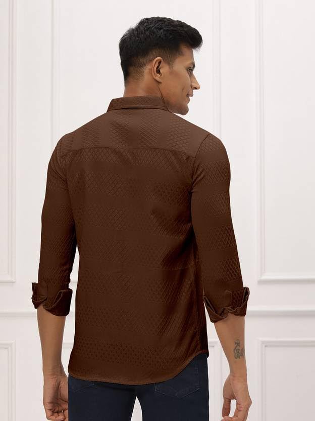 Image of Men's Polycotton Casual Textured Button Down Regular Fit Shirts Long Sleeve Shirt