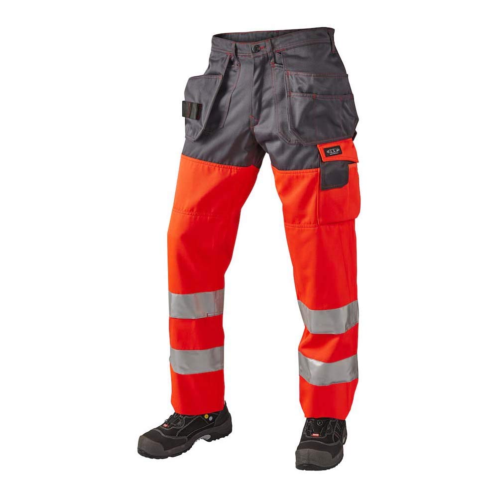 J.A.K. 1110087088 Serie 11100 70% poliéster/30% algodón pantalones con bolsillos colgantes, EN 20471, Clase 2, rojo/gris, 50 R (35/32) Tamaño