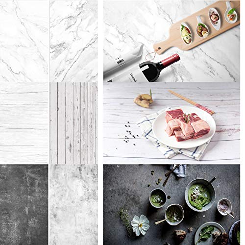 Meking 2-in-1 Photo Backdrops for Photography, 34x22in White Wood & Marble Texture Background Paper for Small Product Food Cake Makeup Tabletop Studio Flat Lay Props, 3 Pack