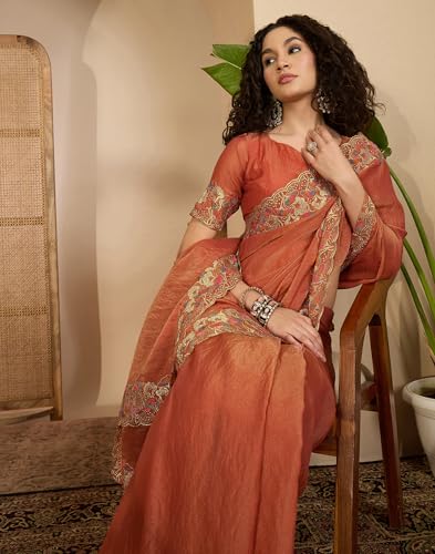 Image of SIRIL Women's Shimmer Georgette Scalloped Border Sequins Embroidery Saree with Unstitched Blouse Piece